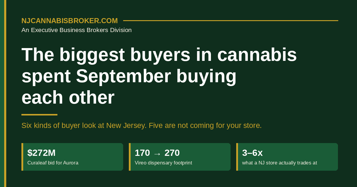 NJ Cannabis Broker header graphic - the six types of buyer bidding on New Jersey cannabis businesses in 2026