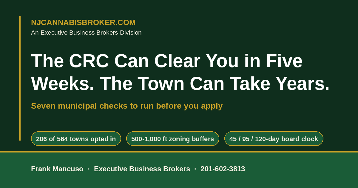 NJ cannabis municipal approval checklist - the resolution of support, local caps and license fees, zoning buffers and Municipal Land Use Law deadlines behind a New Jersey cannabis license, NJCannabisBroker.com